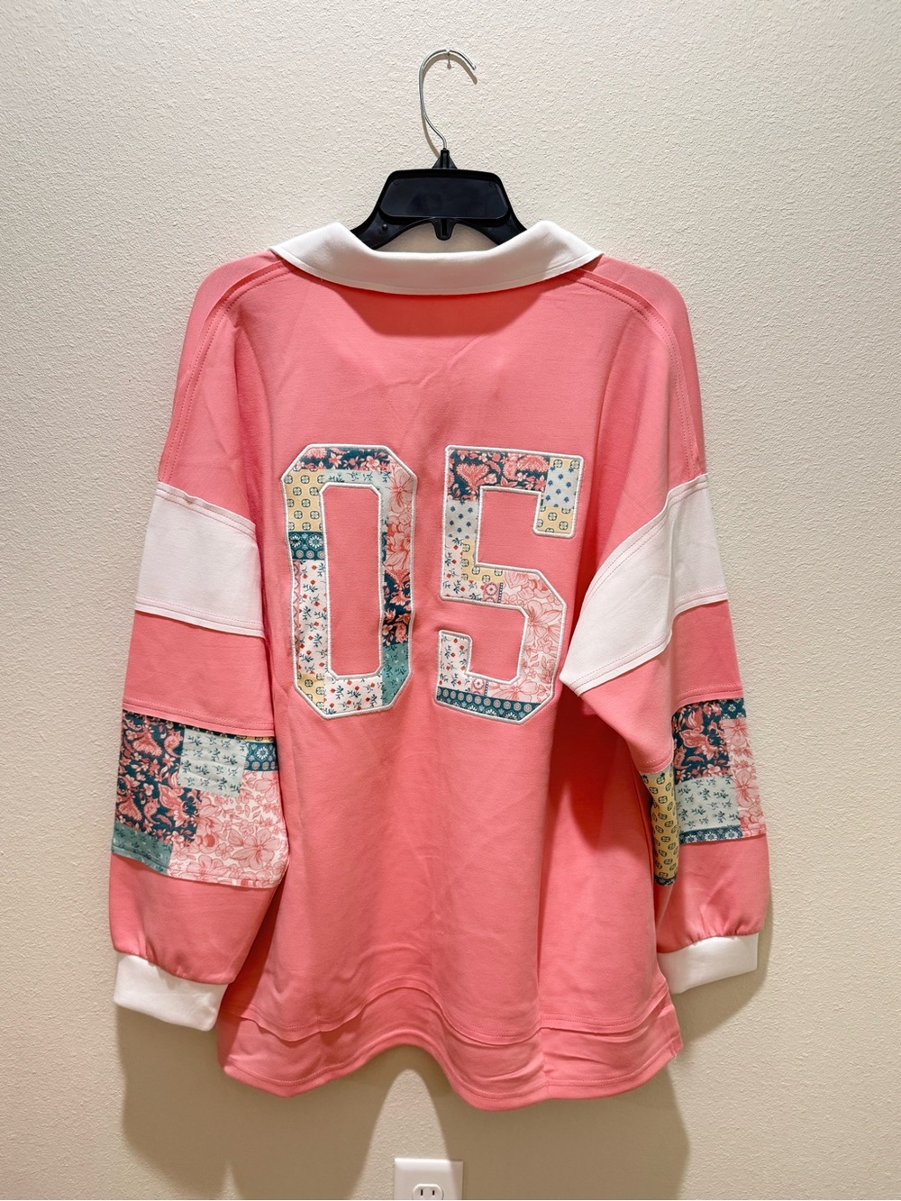 Simply Southern Pink Pullover with White Collar and Patterned Sleeve Panels - Picture 2 of 4